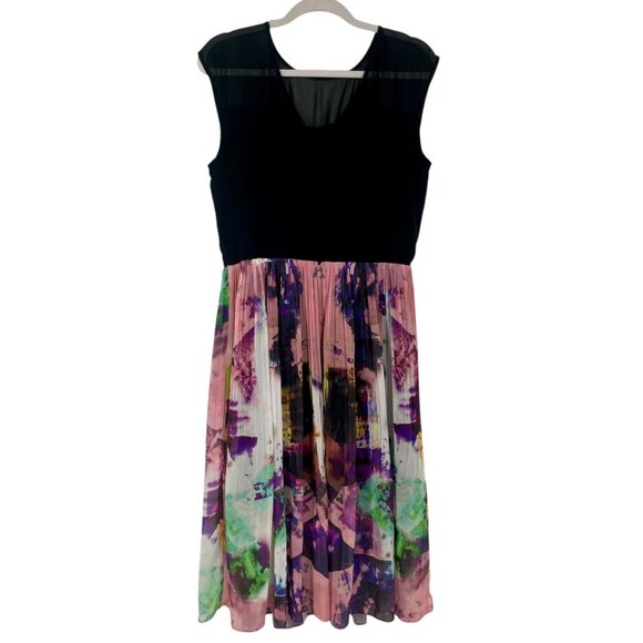 Warehouse Pleated Sleeveless Midi Dress Abstract Black Multi Size 10 Lined Sheer - Picture 4 of 10